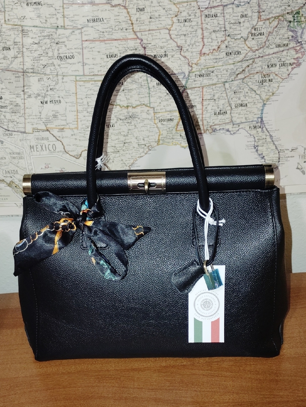 Viola Castellani Structured Black Top-Handle Satchel with Scarf Accent